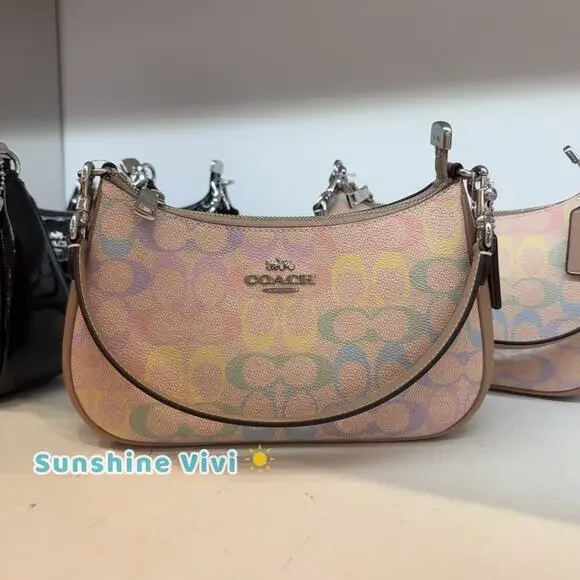 NWT Coach Teri Shoulder Bag In Rainbow Signature Canvas CDA91 Sand Multi